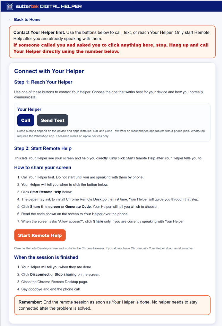 Connect with Helper page showing options to text, call, video call, or get remote help from a trusted person