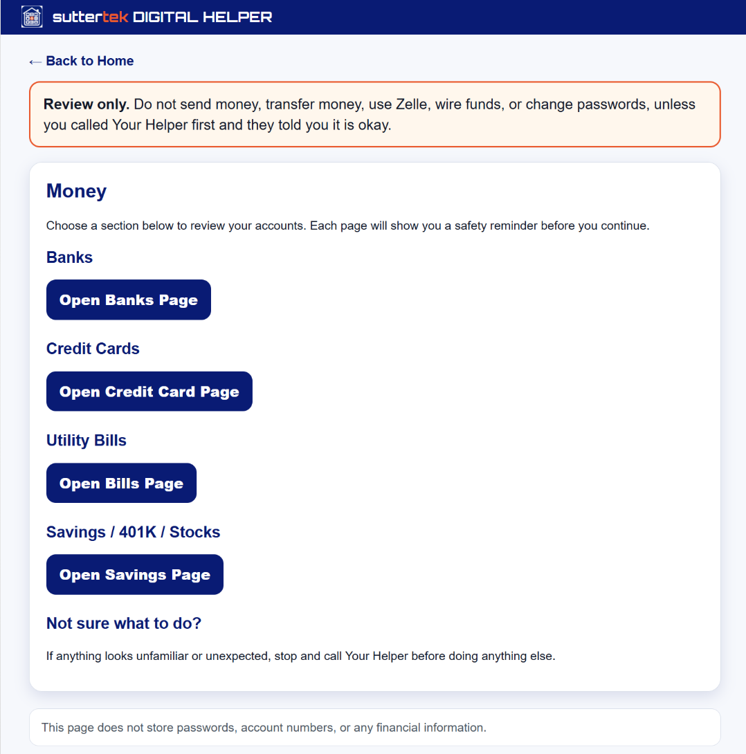 Money page showing grouped access to bank, credit card, bill, and savings accounts in one place