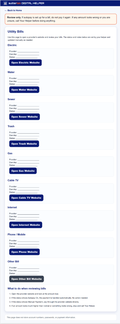 Utility Bills page showing provider links and a reminder to review bills using official provider websites